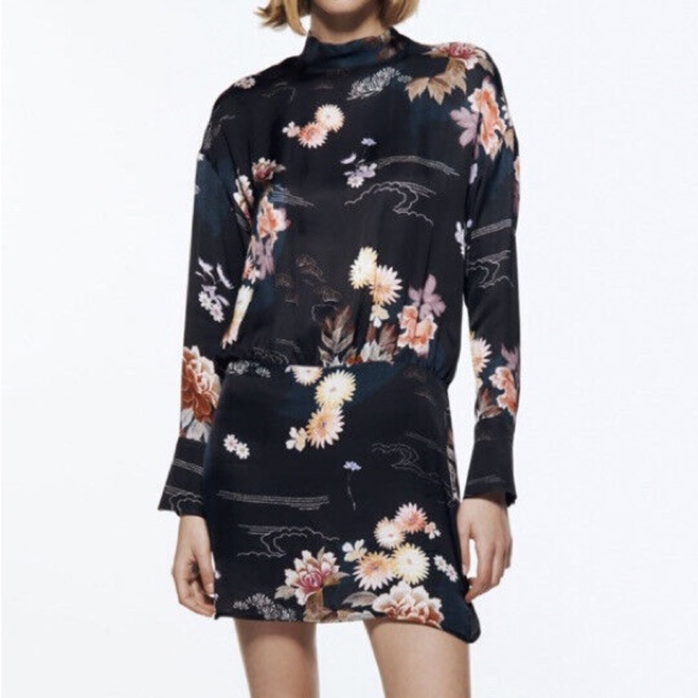 Zara Black Floral High Neck Asian Inspired Long Sleeve Satin Camila Dress